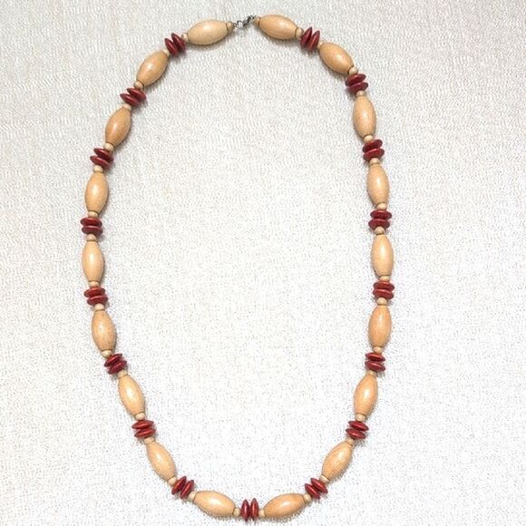 Vintage Red and Tan Wood Beaded Folk Art 31" Necklace - Picture 5 of 5